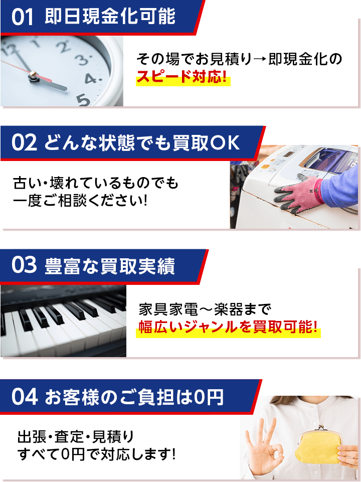 即日現金化可能 どんな状態でも買い取りOK 豊富な買い取り実績 お客様のご負担は0円