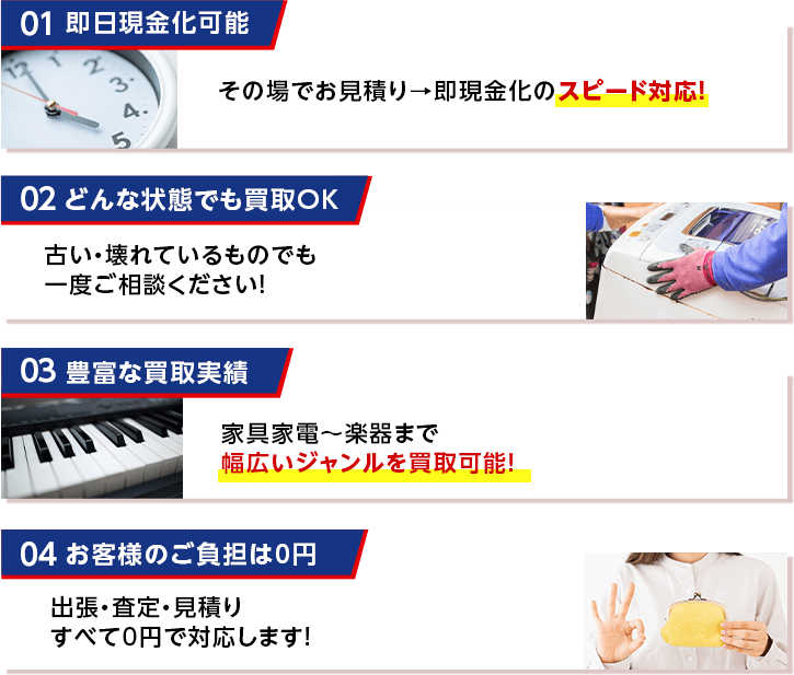 即日現金化可能 どんな状態でも買い取りOK 豊富な買い取り実績 お客様のご負担は0円